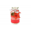 Mécsestartó üveg piros-fehér textil díszítéssel csillag/toboz D6,5*12,5cm átlátszó