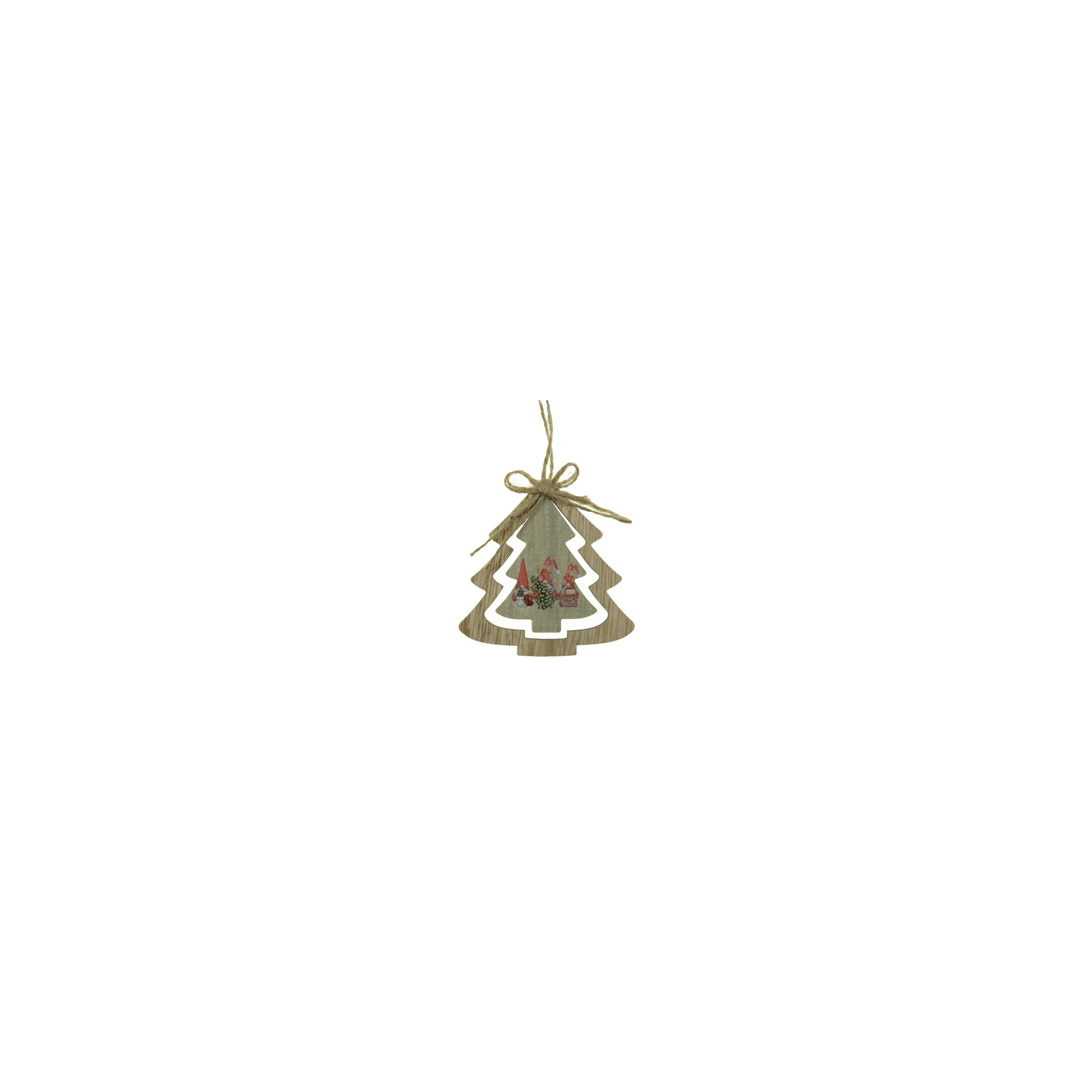 Dísz fenyőfa fa 9*9*0.5cm wooden tree hanger akasztós manókkal barna/piros
