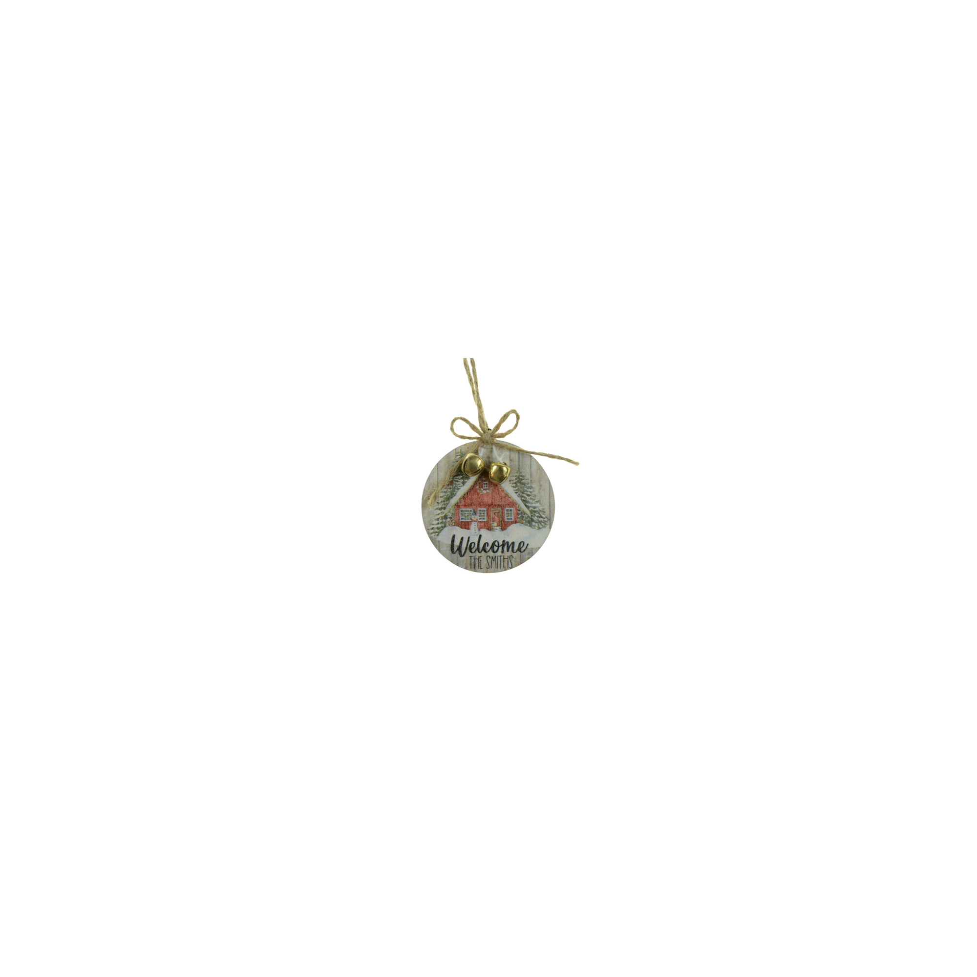 Karácsonyfa dísz WELCOME kör fa házzal D6cm akasztós szürke/piros