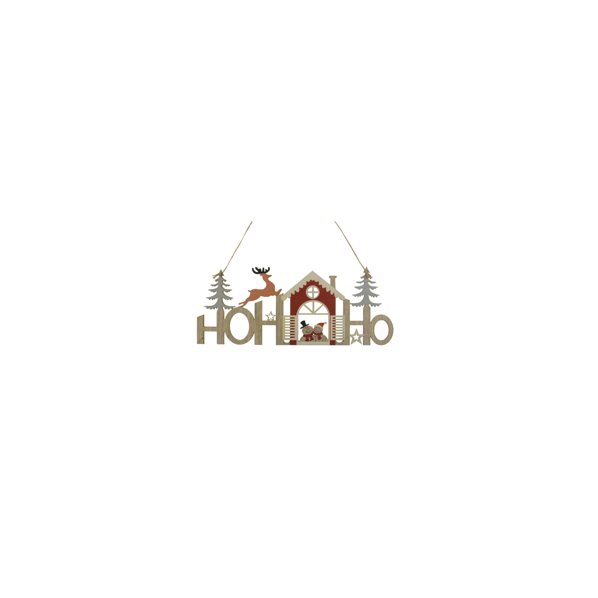 HoHoHo felirat fa házzal 23X30CM akasztós natúr/piros