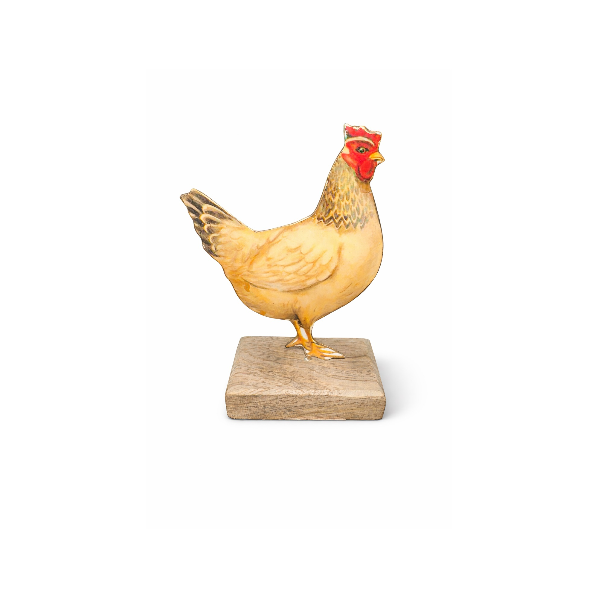 Figura csirke fém 14cm fa talpon fehér
