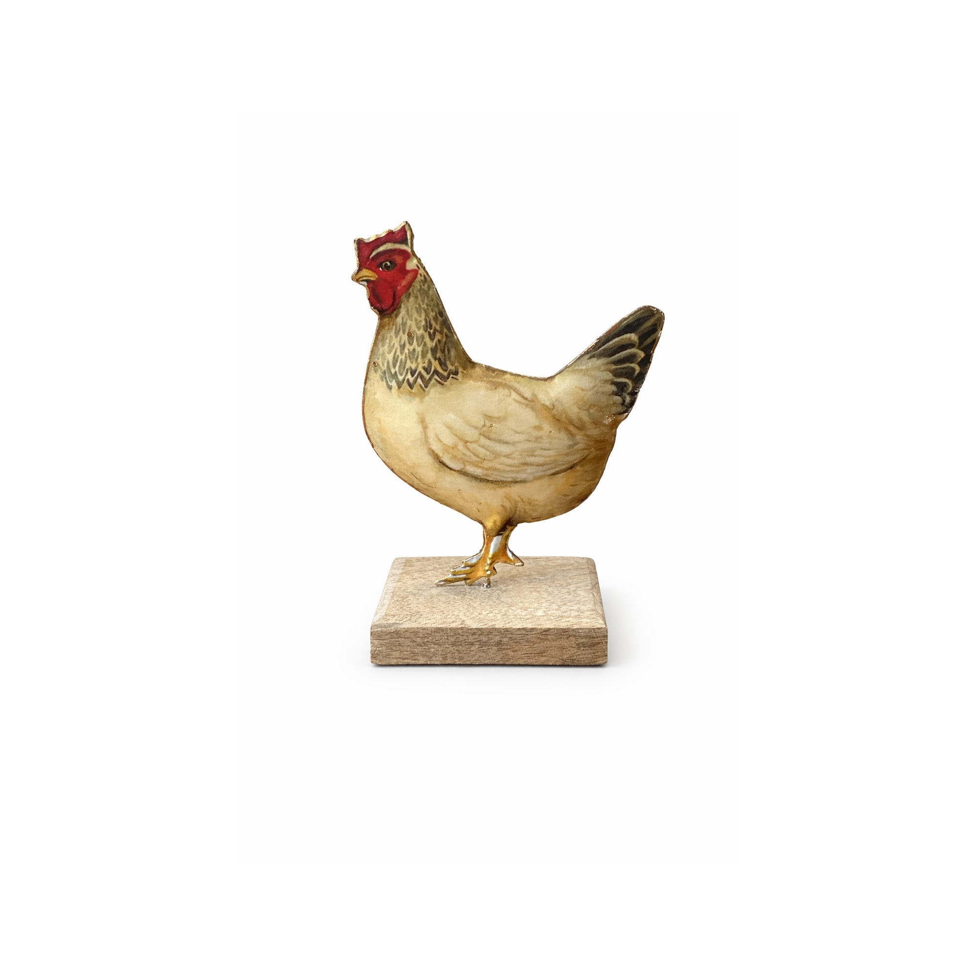 Figura csirke fém 17cm fa talpon fehér