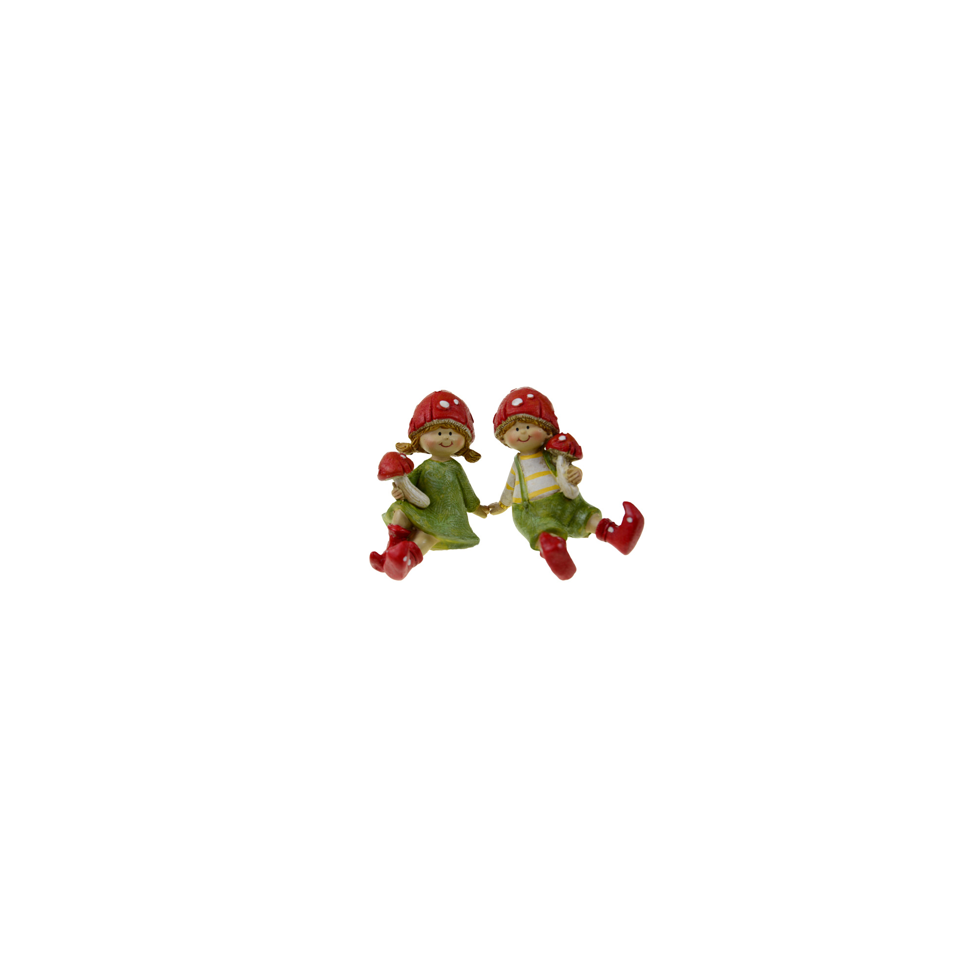 Figura fiú/lány poly gomba sapkában 7.5*5*6.5cm ülő zöld/piros