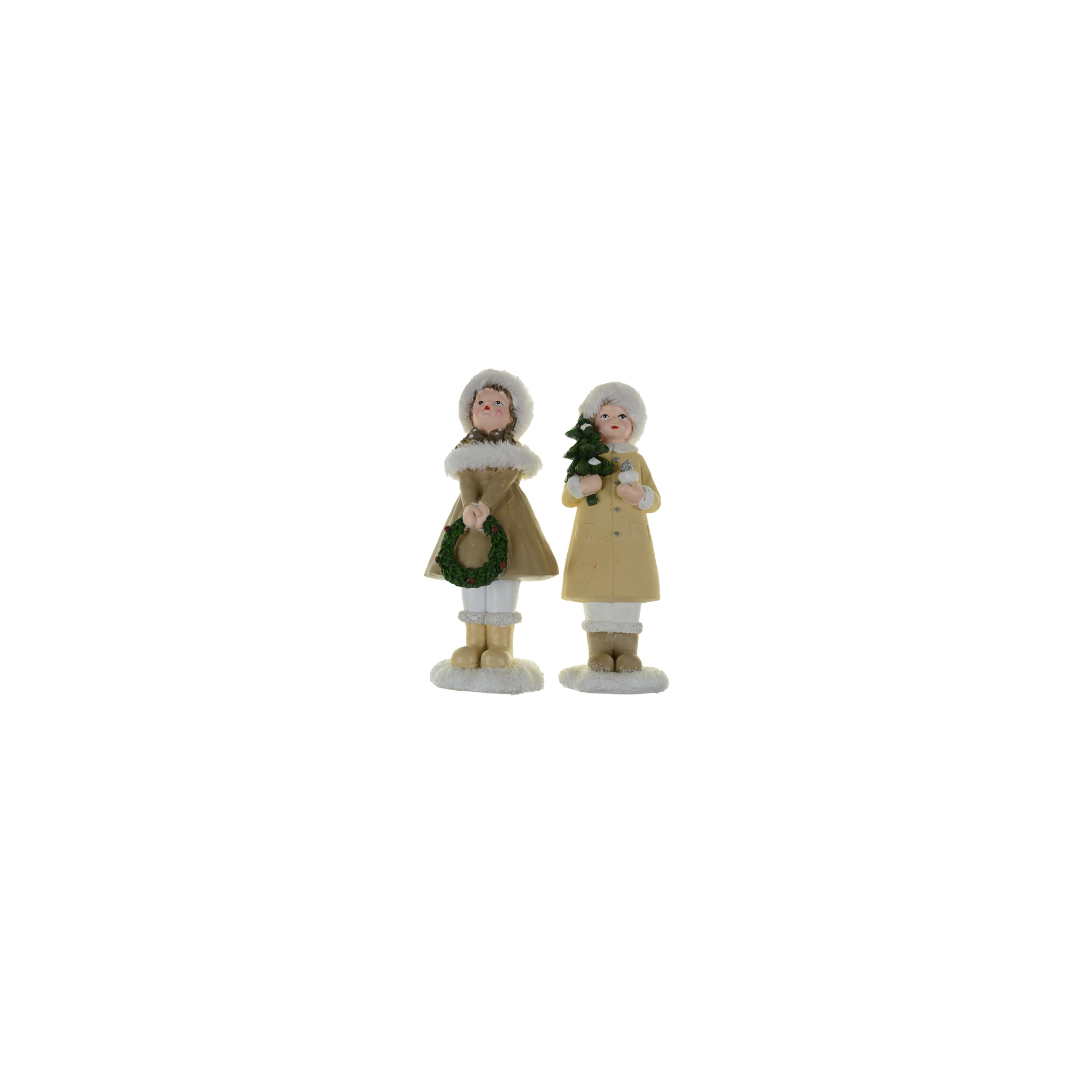 Figura fiú/lány poly 8.5*6.5*19.5cmH télikabátban barna/fehér