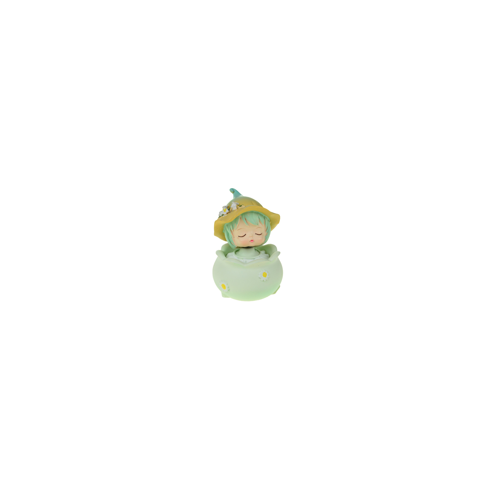 Figura kislány poly virágsziromban 5,3*5,3*8cm mozgó fejjel zöld