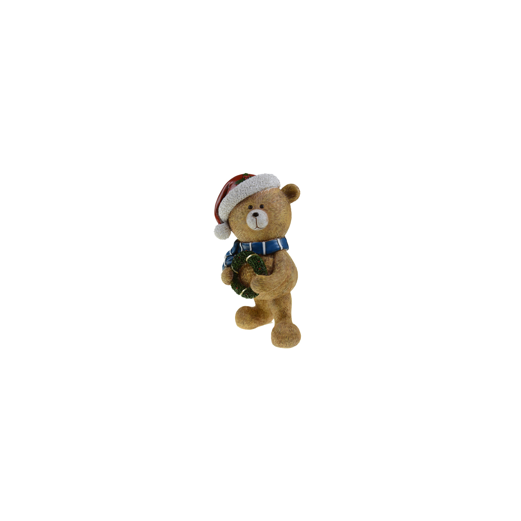 Figura maci poly 12.5*11*22.5cmH mikulás sapkás koszorúval barna