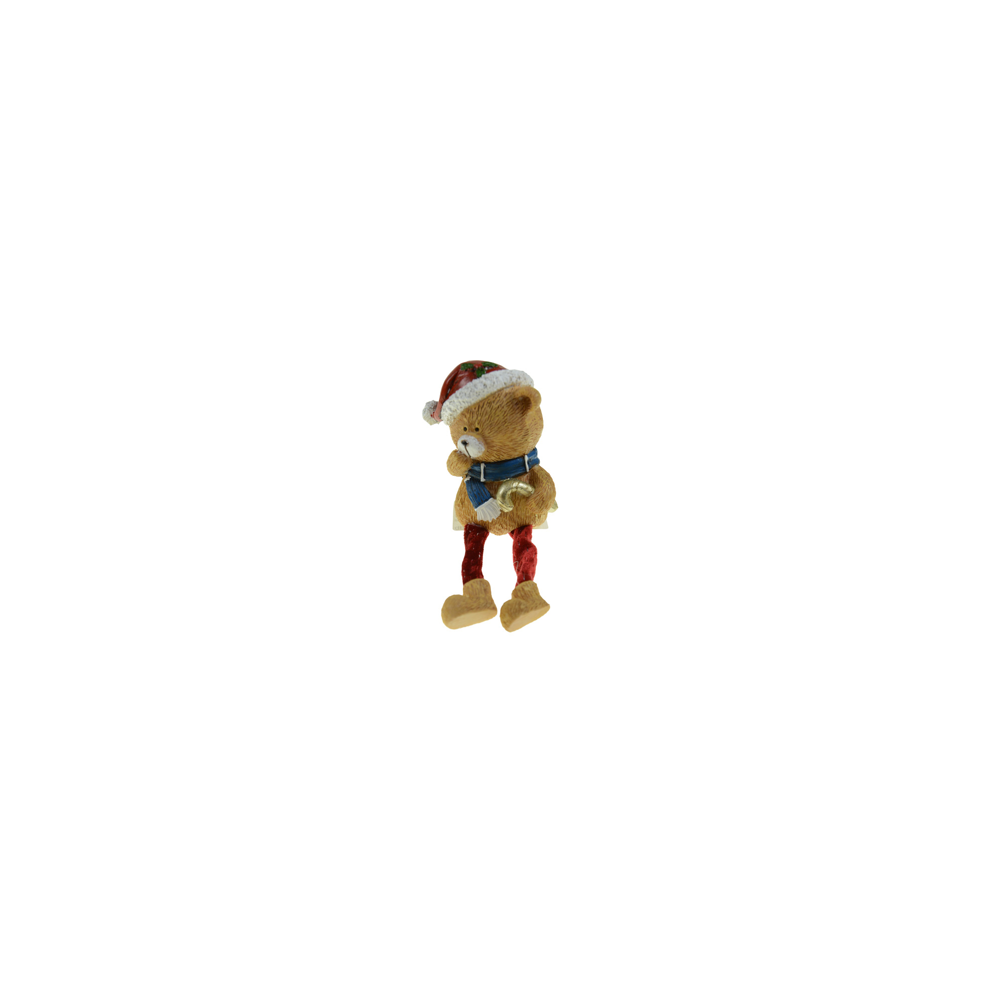 Figura maci poly 7*5*8.5cmH mikulás sapkás lógólábú barna