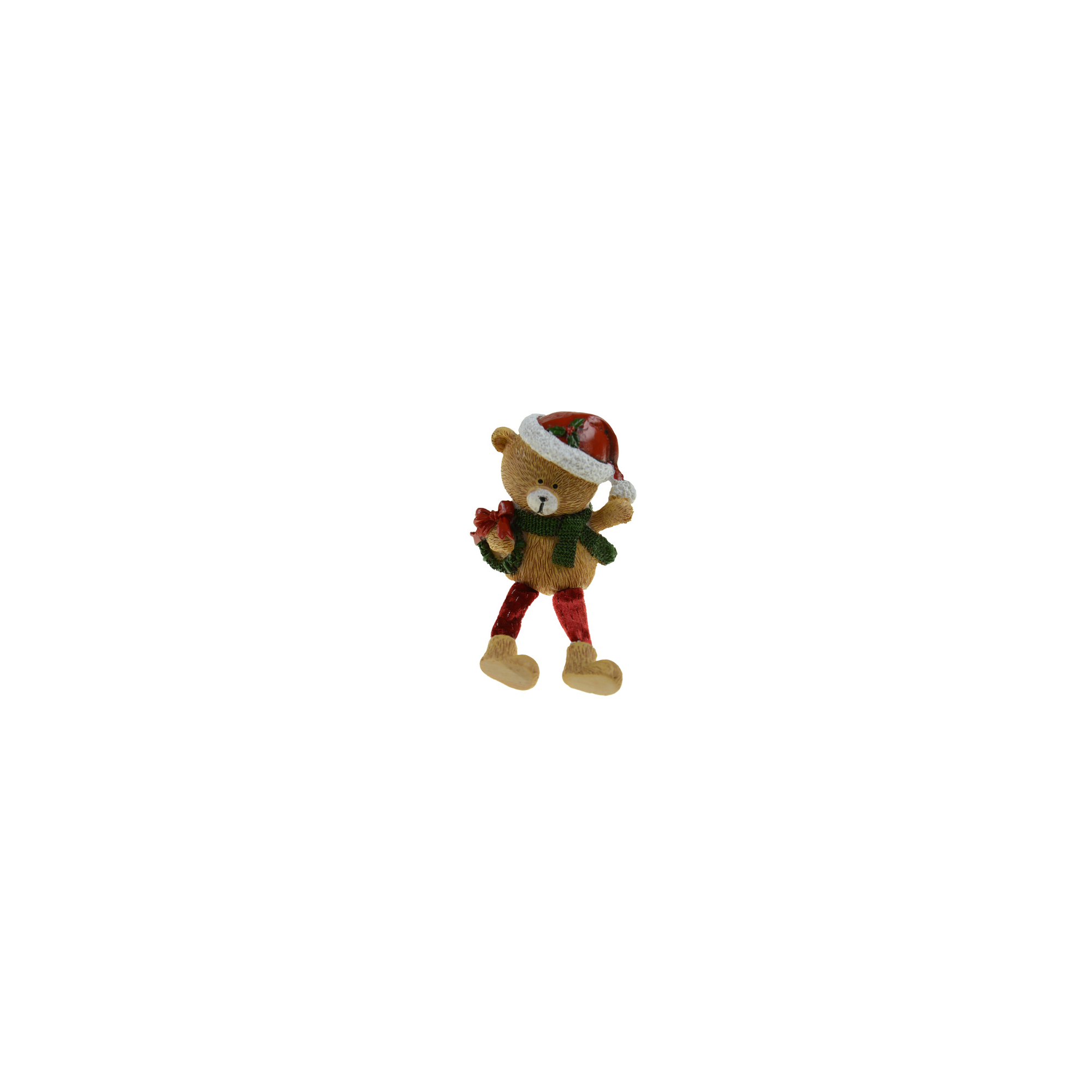 Figura maci poly 7*5*8cmH mikulás sapkás lógólábú barna