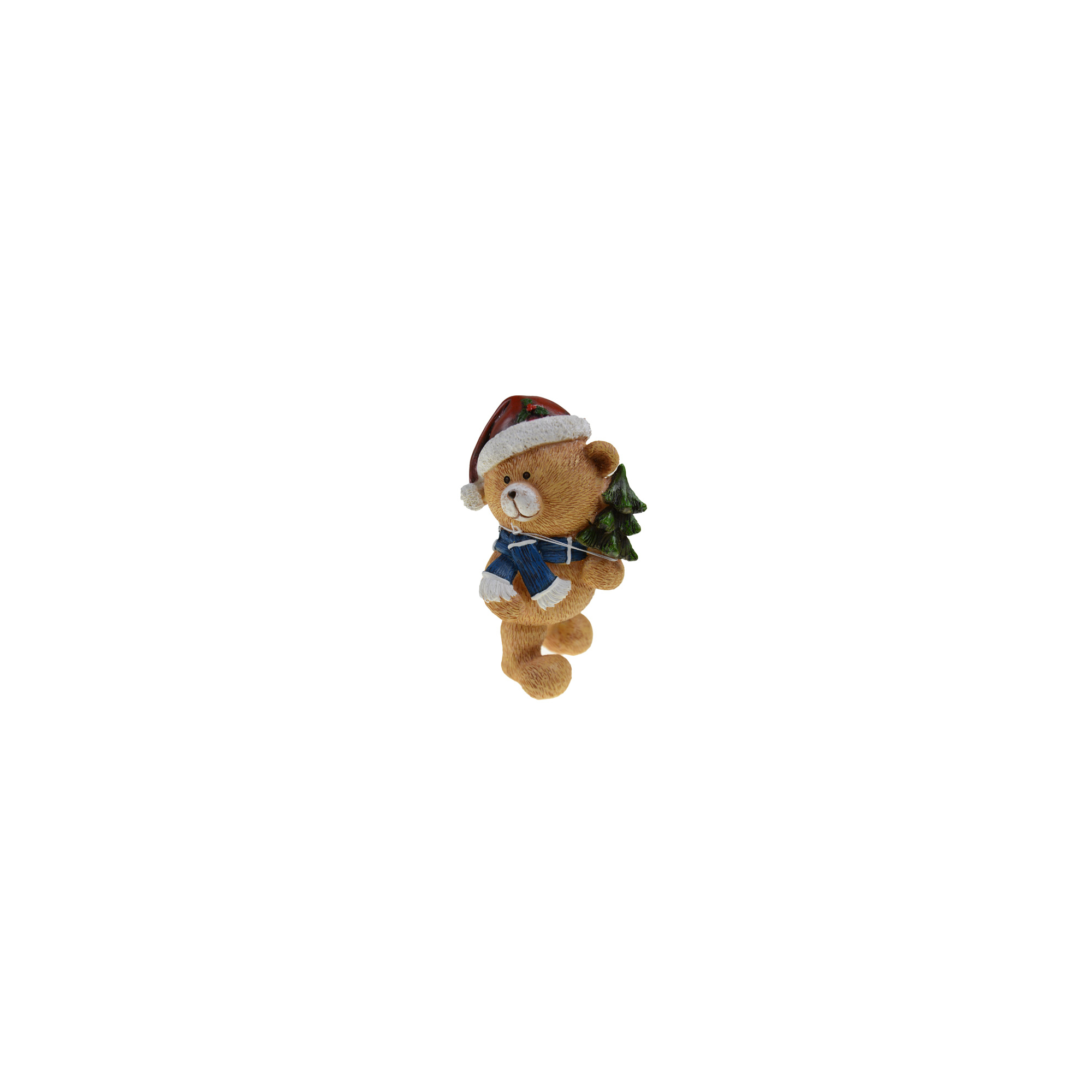 Figura maci poly mikulás sapkás 8*8*15cmH fenyővel barna