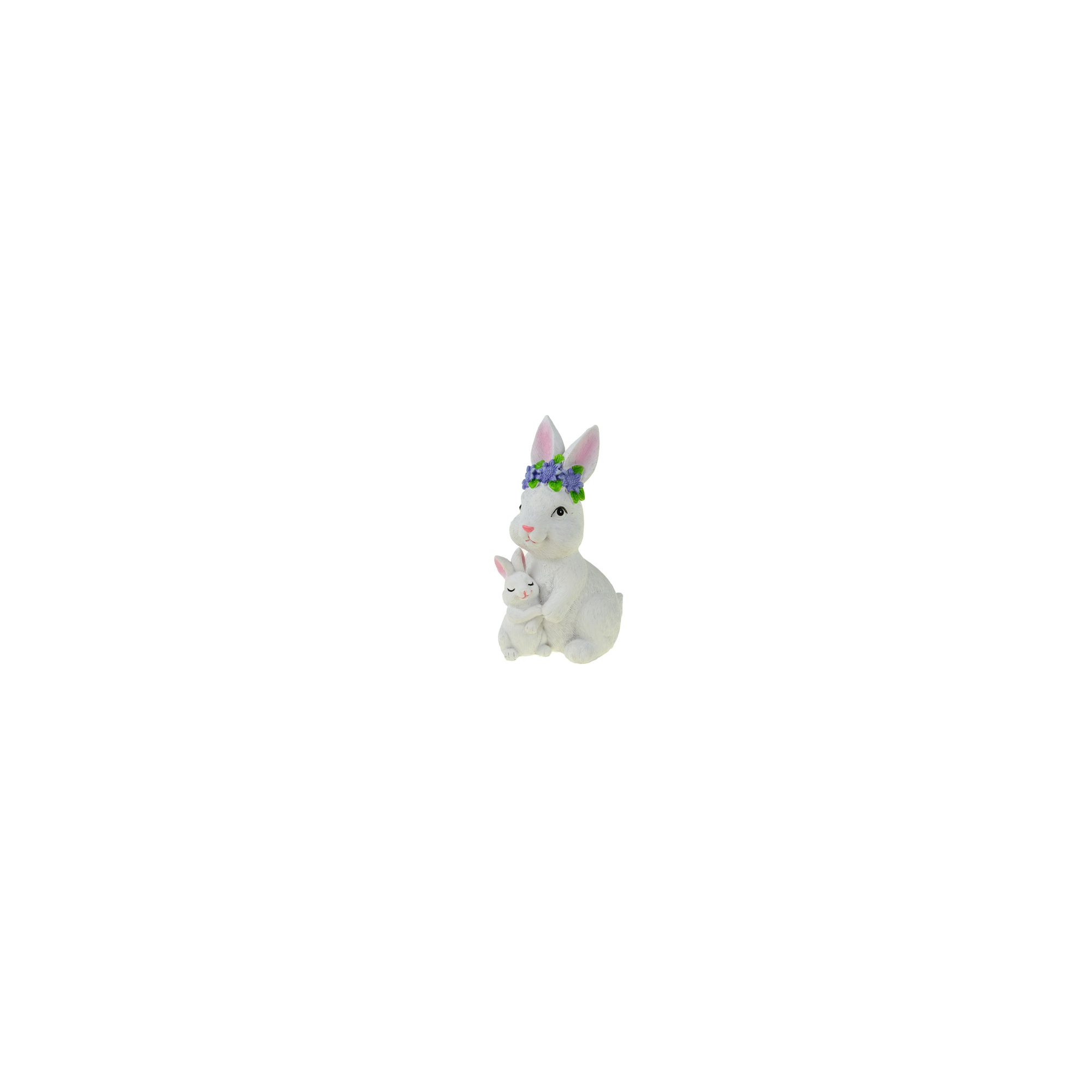 Figura nyúl poly kicsinynével 15*9.5*18cm virágkoszorúval fehér/kék
