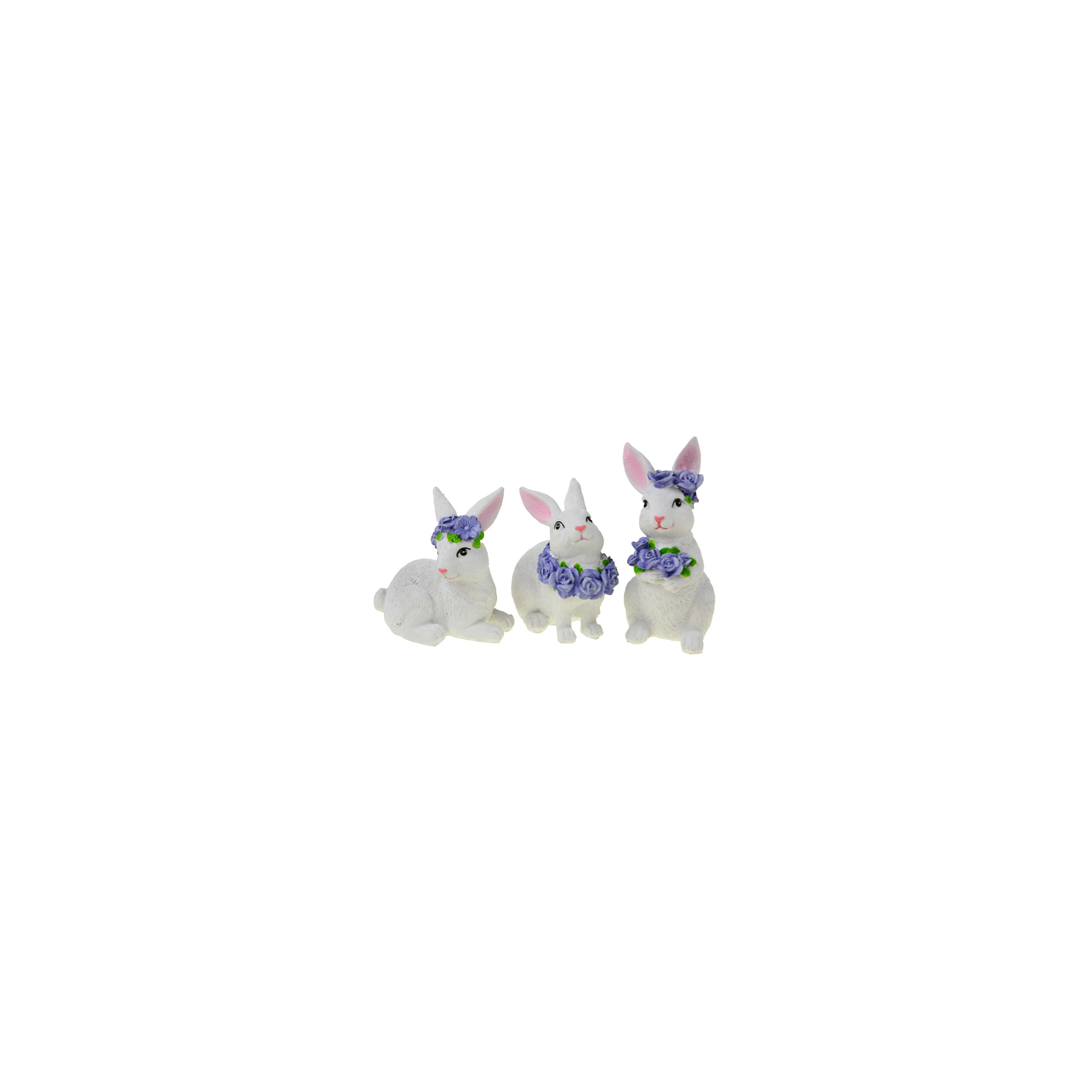 Figura nyúl poly virágkoszorúval 6*7.5*13cm 3féle fehér/kék