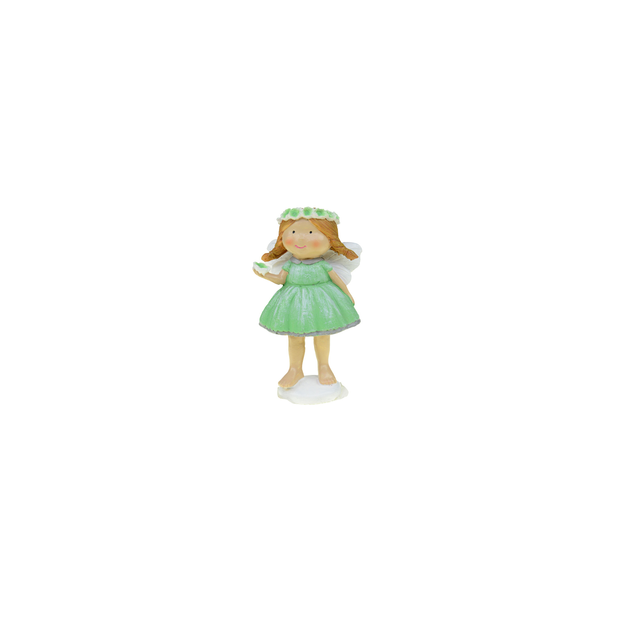 Figura tündér poly 12,8cm kezében virág zöld