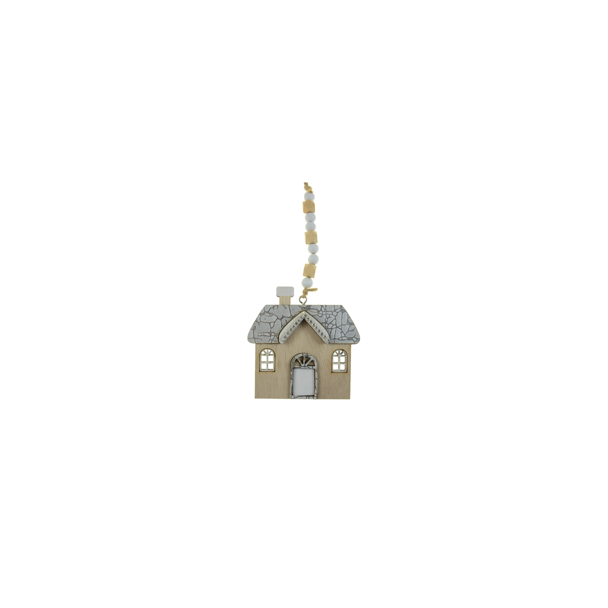 Figura ház fa 24cm akasztós ezüst/natúr