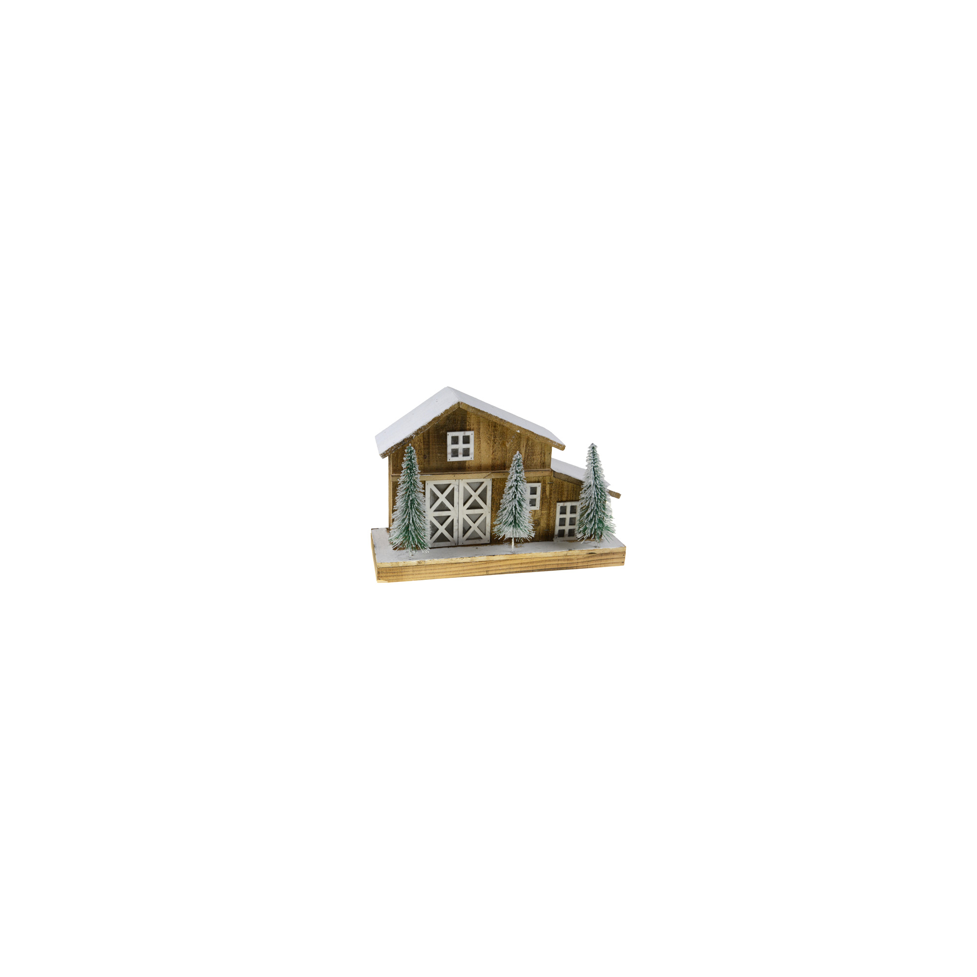 Figura ház fa LED-es 44X15X30CM fenyőkkel barna/fehér