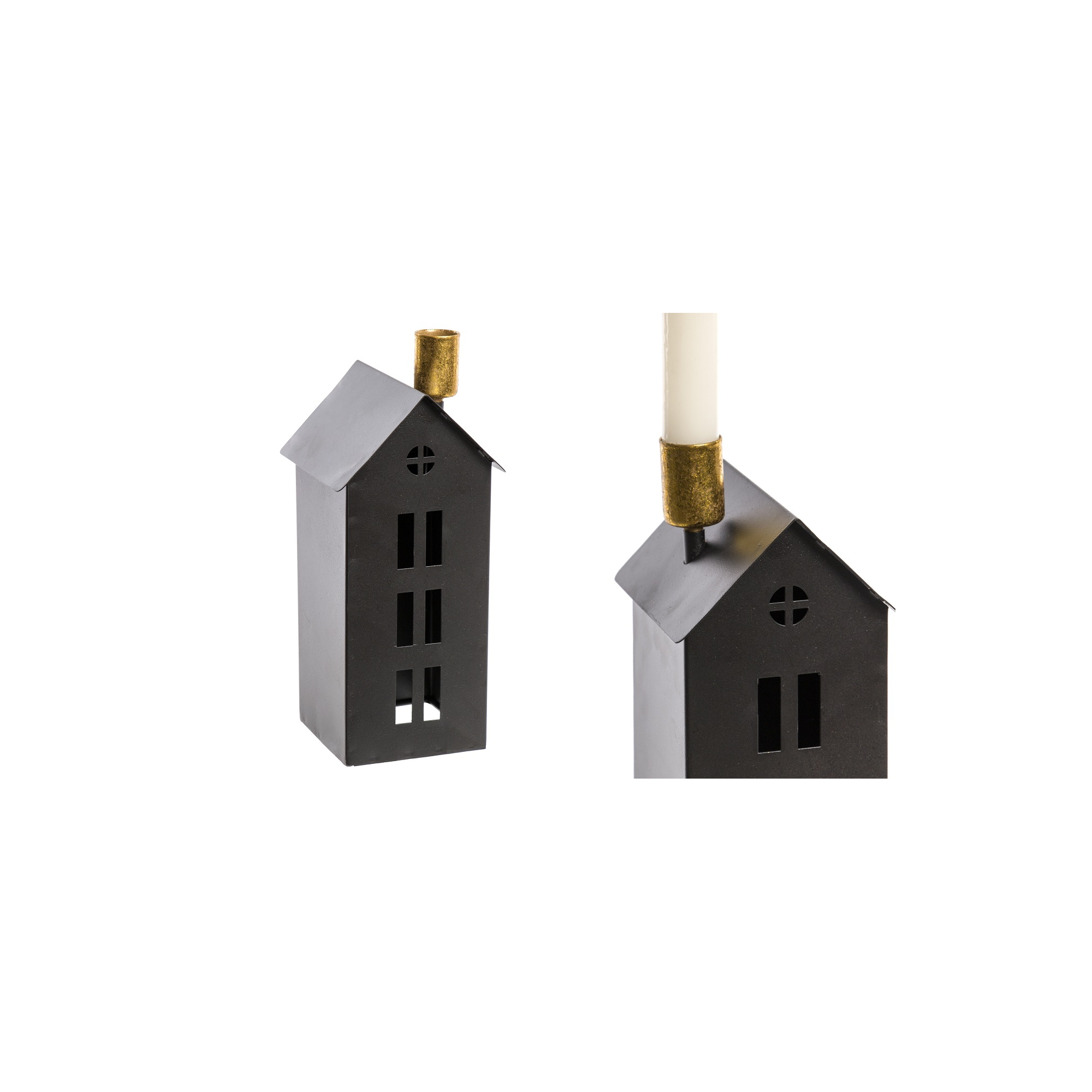 Figura ház fém gyertyatartóval H22cm kéményes fekete