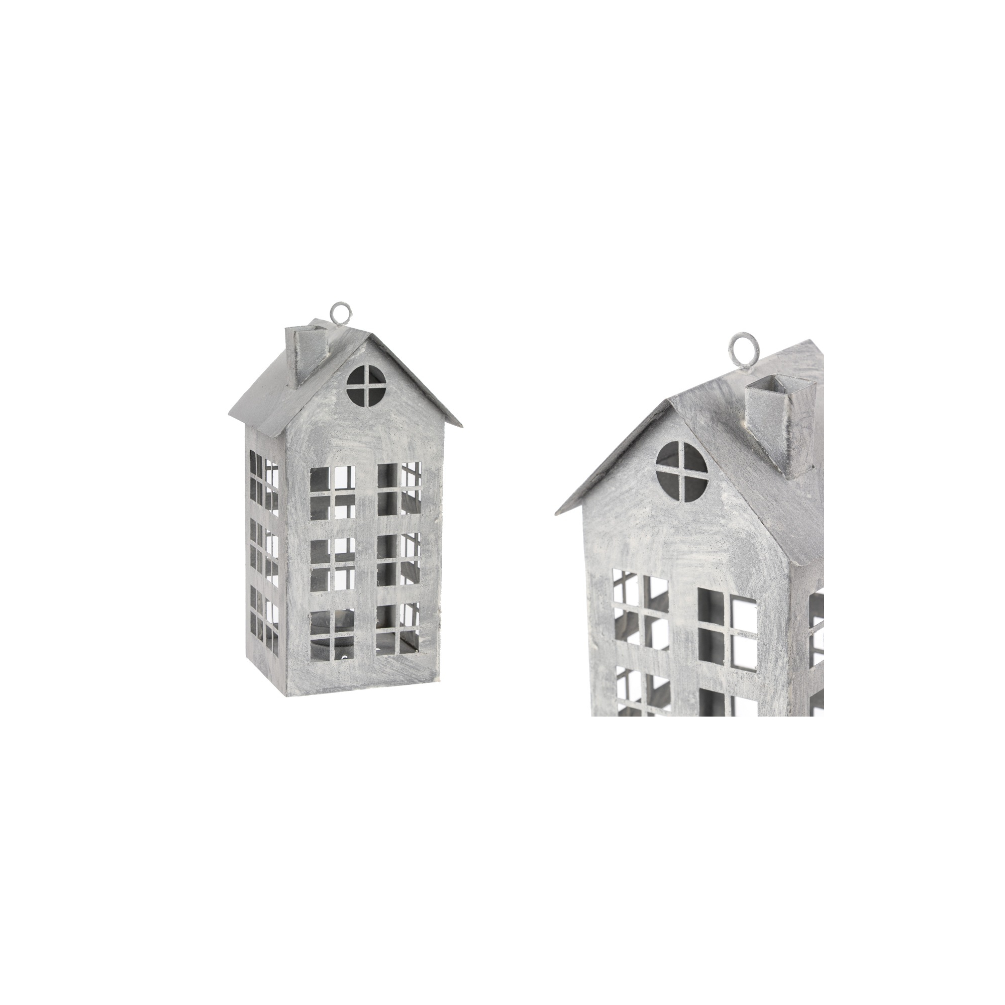 Figura ház fém gyertyatartóval H22cm szürke