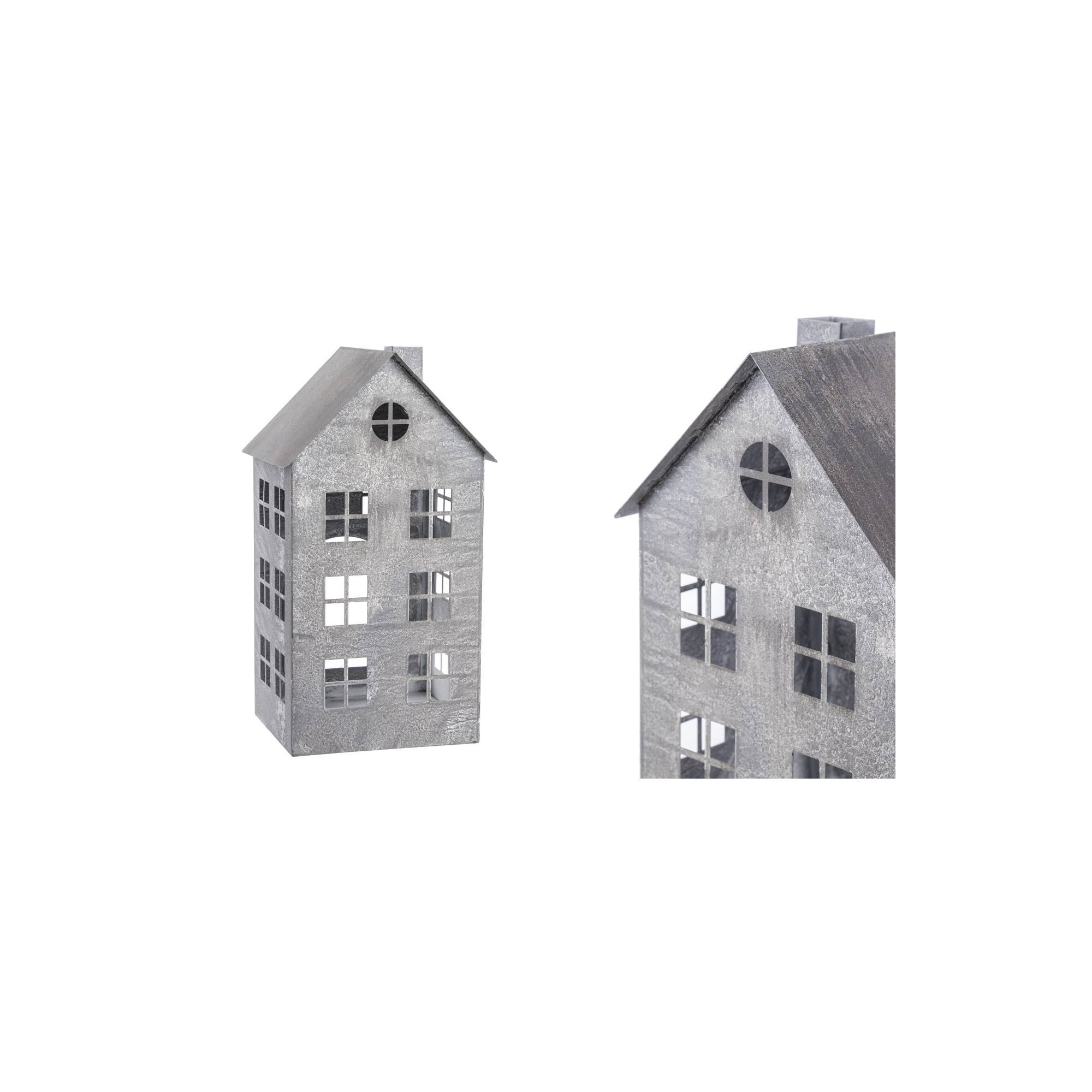 Figura ház fém gyertyatartóval H36cm szürke
