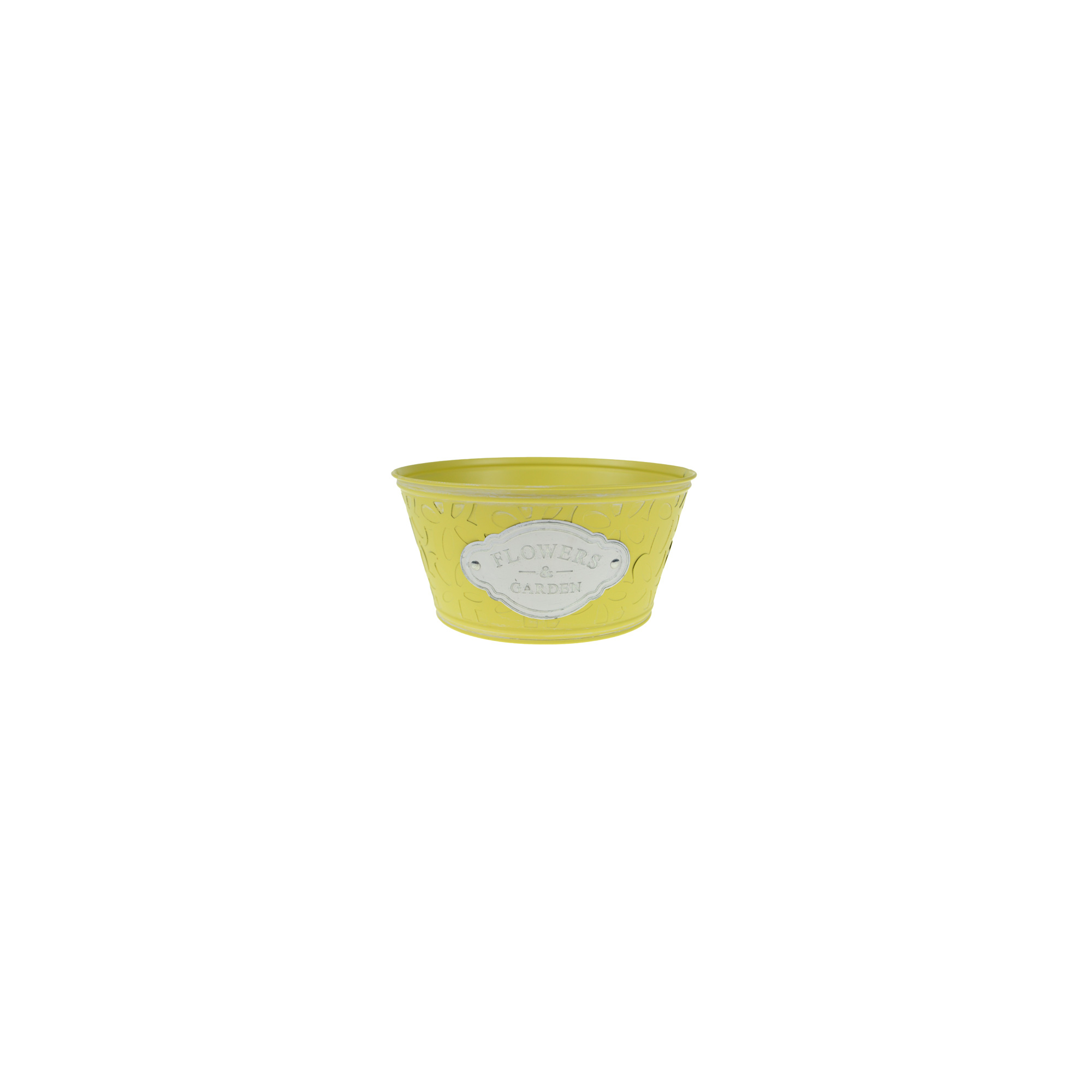 Kaspó fém Flowers Garden címkével D20/15*H10CM sárga