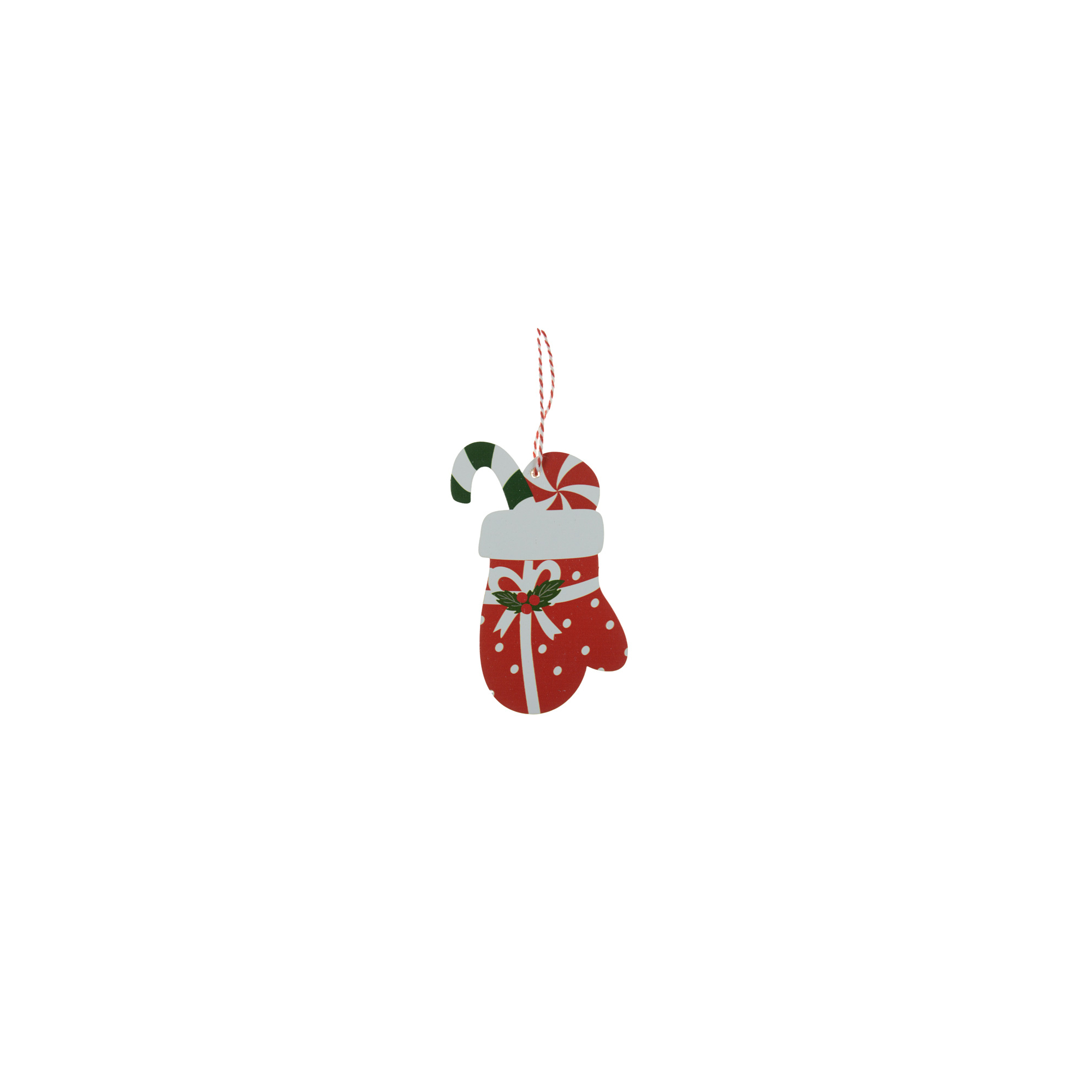 Karácsonyfa dísz kesztyű fa cukrokkal 6*0.5*11.5cm akasztós piros