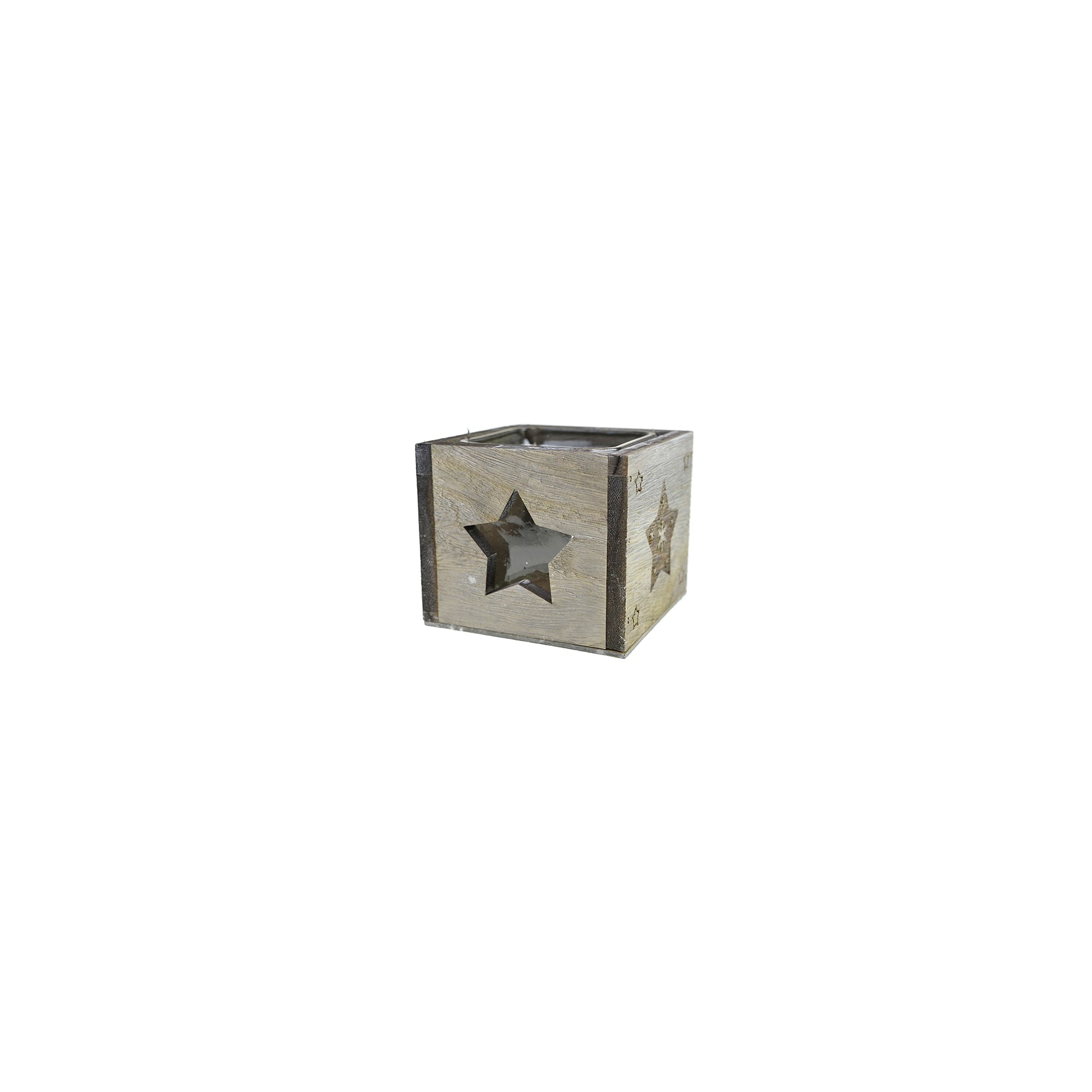 Mécsestartó fa/üveg szögletes 9,5*8cm csillag minta szürke