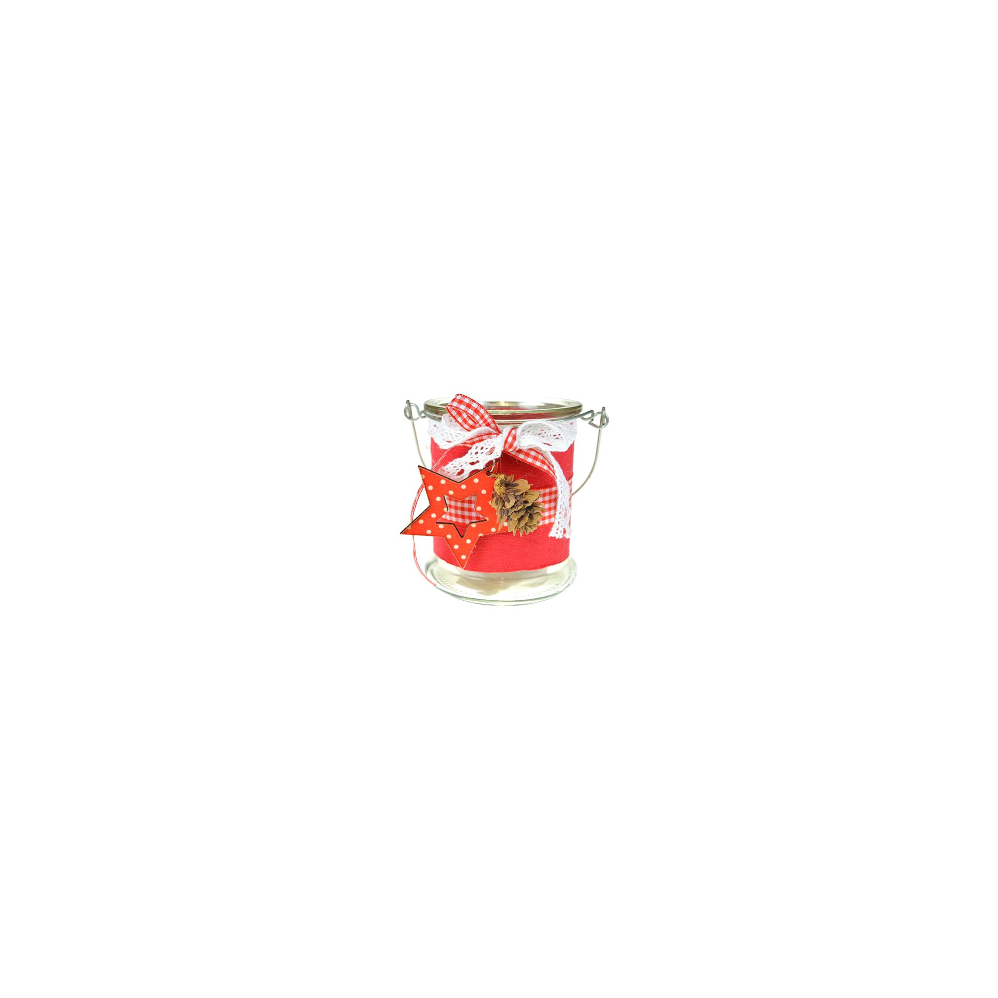 Mécsestartó üveg textil díszítéssel D8,5*10cm csillag/toboz piros/fehér