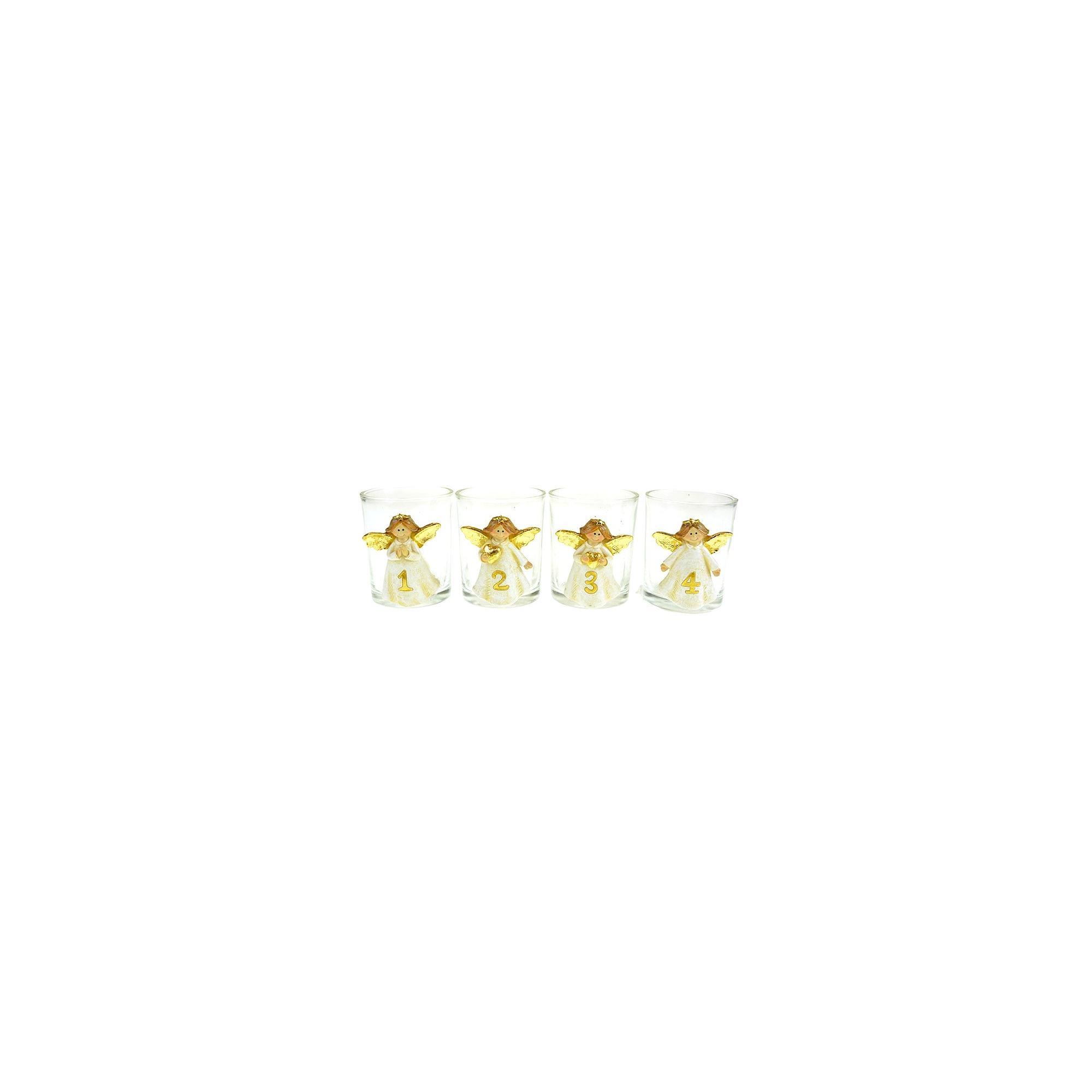Mécsestartó üveg/poly 6,5*5,5cm s/4 angyallal krém/arany