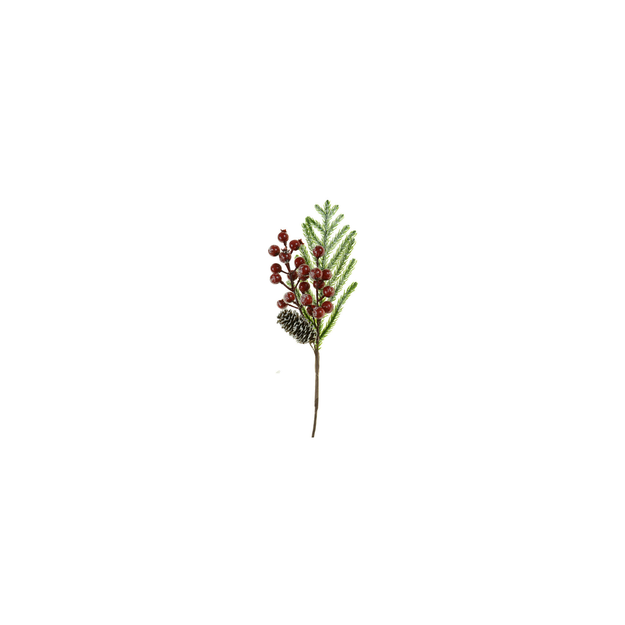 Pick bogyós/leveles ág 35CM tobozzal zúzmarás zöld/piros