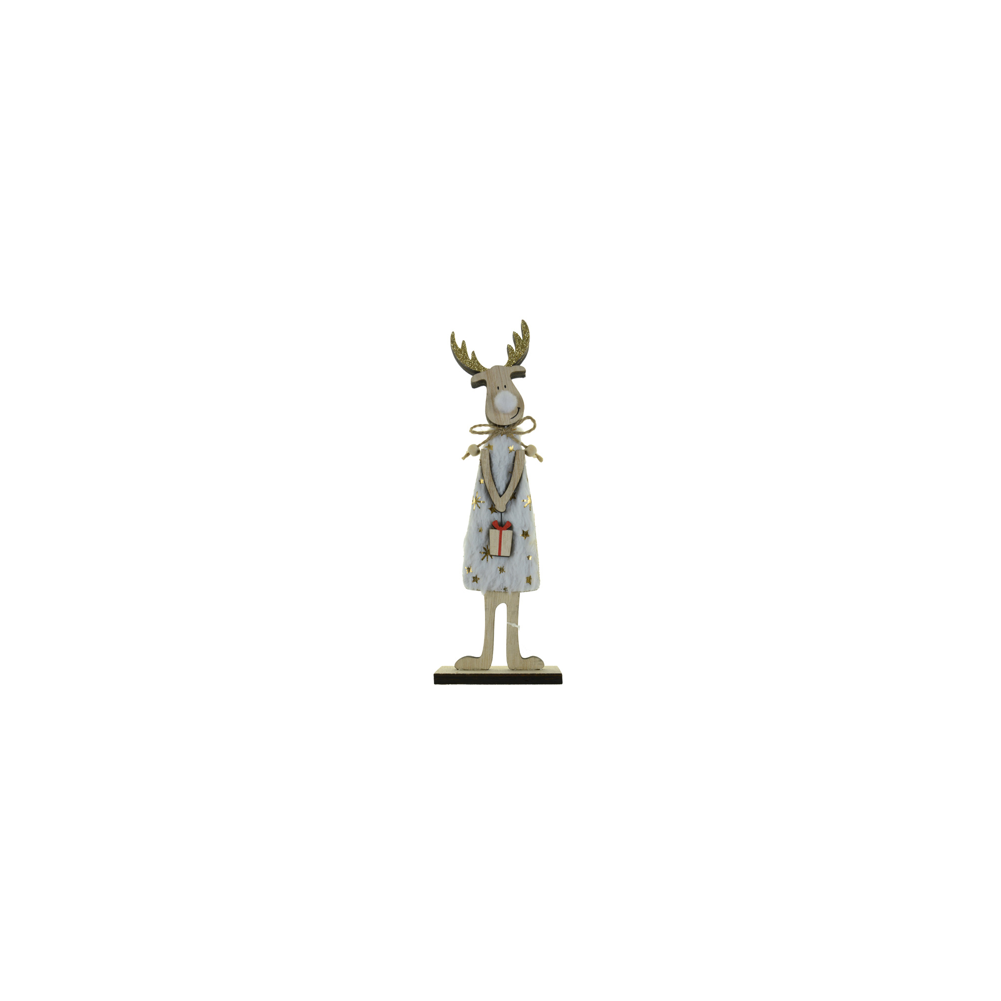 Figura rénszarvas fa talpas 22*7*4CM ajándékkal fehér