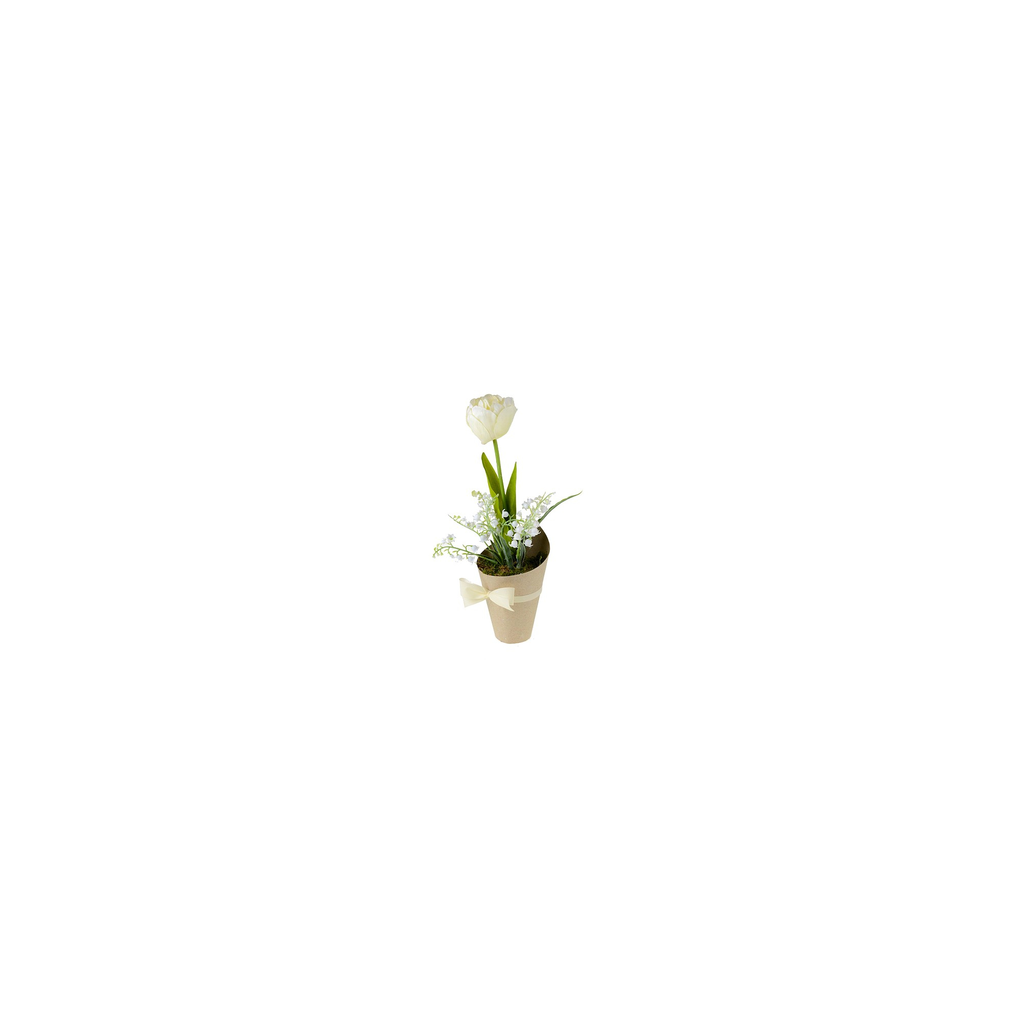 Selyemvirág tulipán kerámia kaspóban papír borítással masnival 11*30cm fehér/rózsaszín
