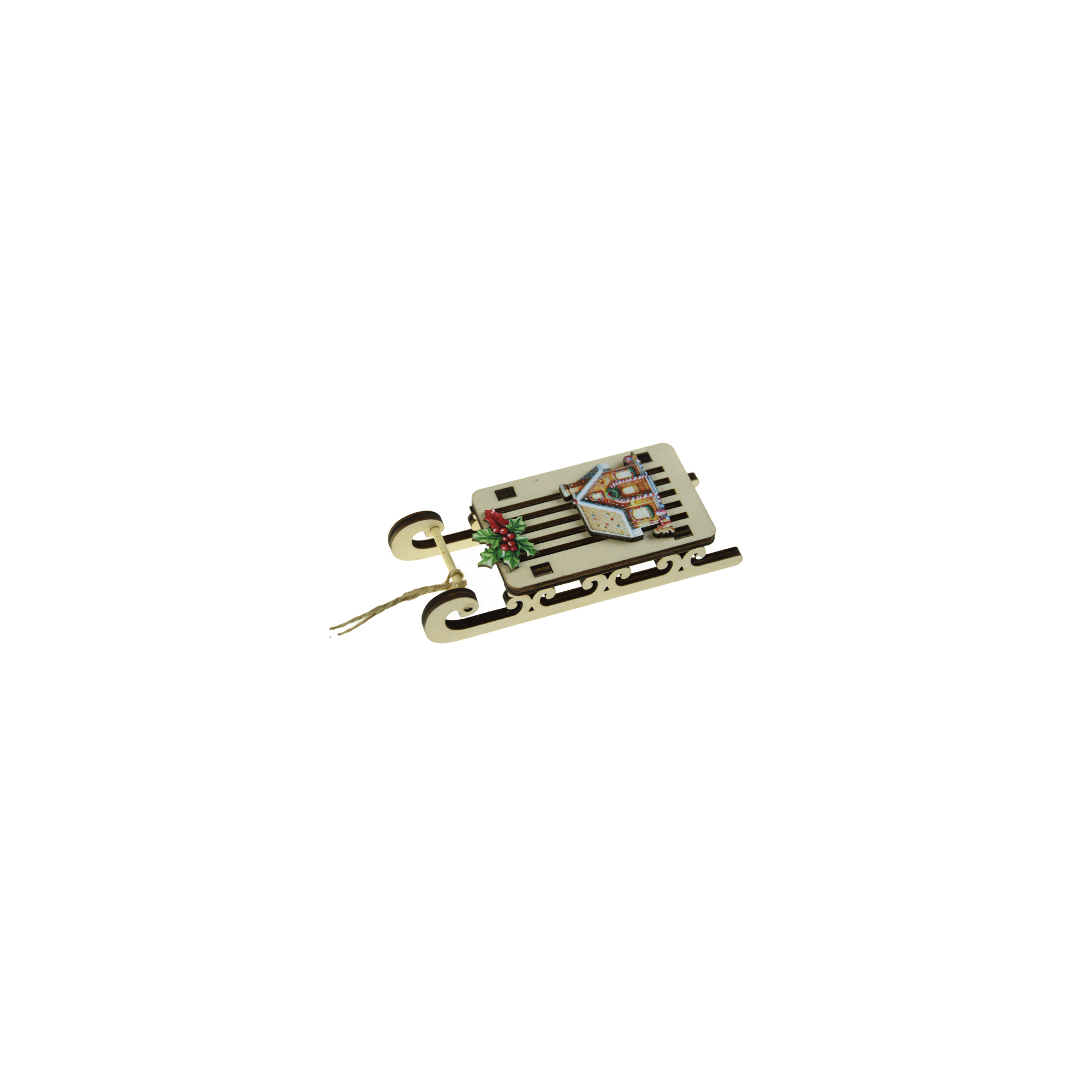 Szánkó fa 4,6*12*2,5cm házzal barna
