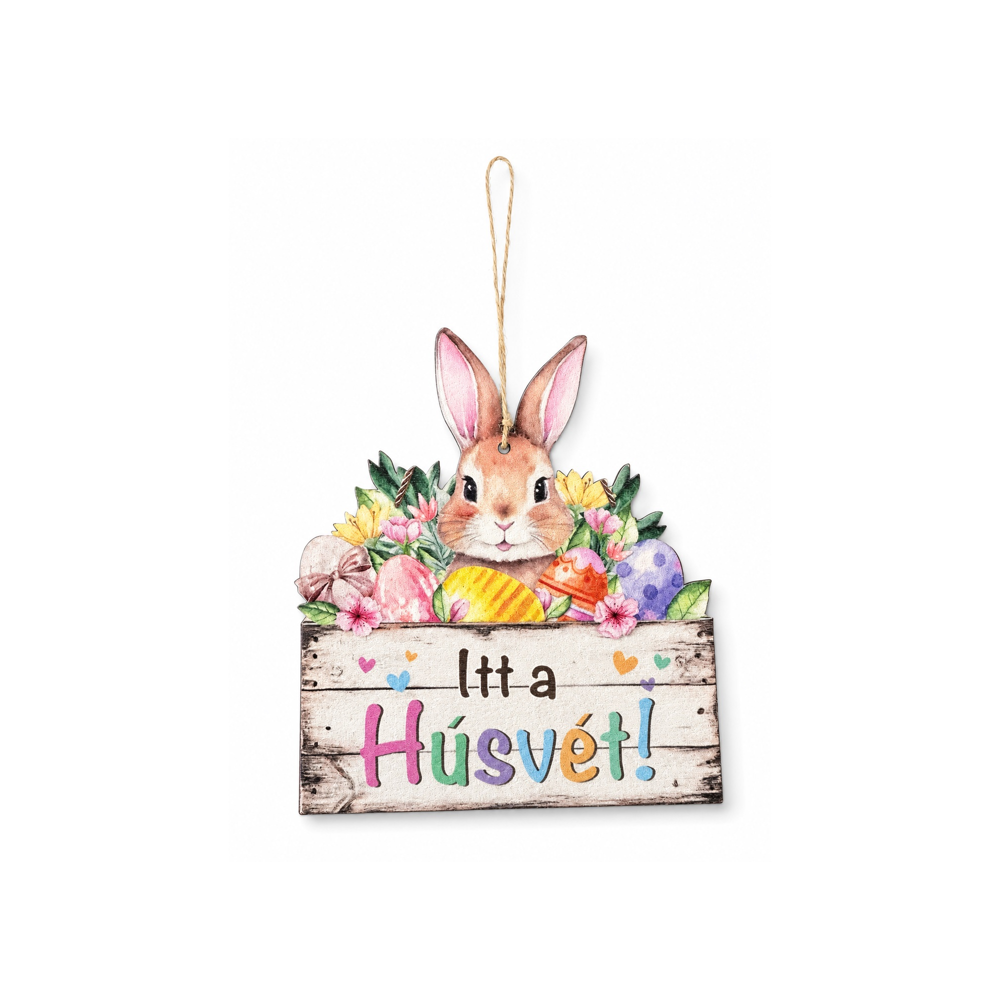 Tábla fa nyuszis 17.5*20cm Itt a Húsvét színes