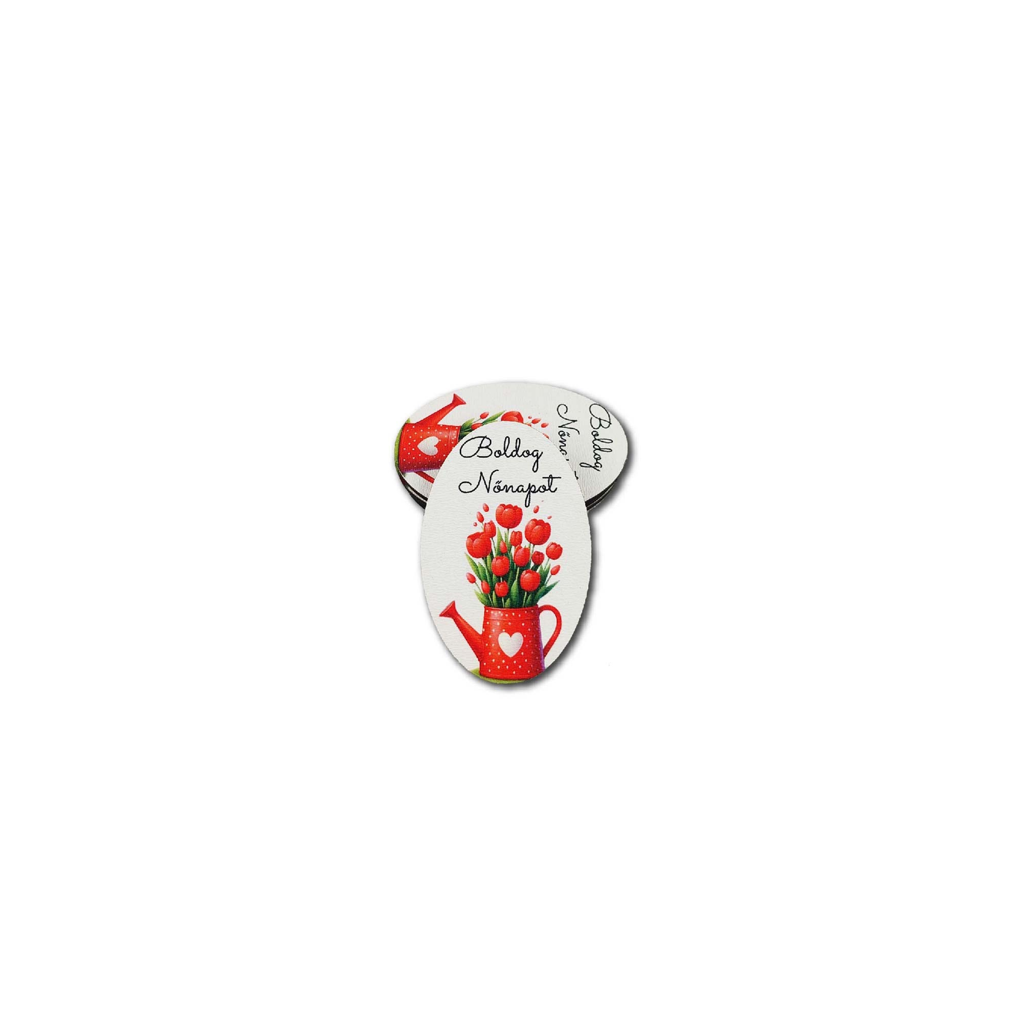 Tábla fa ovális 4*6cm Boldog Nőnapot locsolókannás piros
