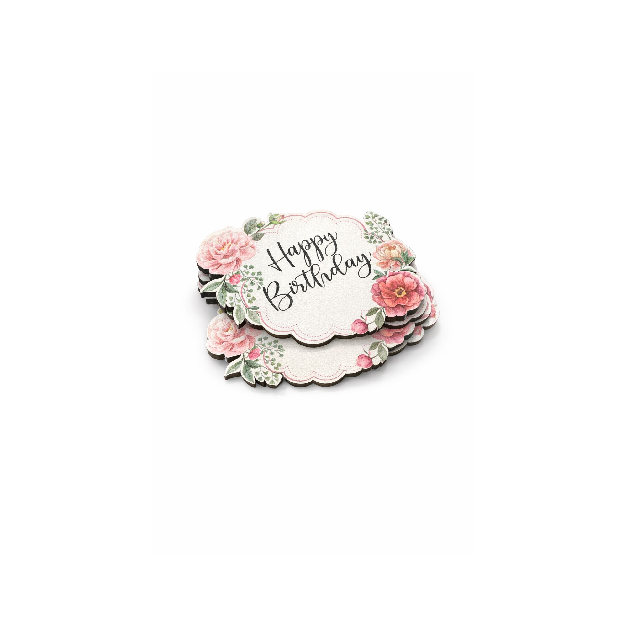 Tábla fa rózsás 6*7cm Happy Birthday rózsaszín