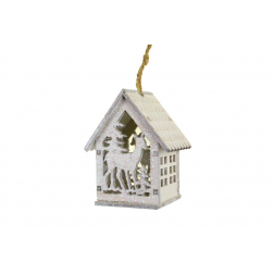 Figura ház fa 7cm LED-es őzikés fehér