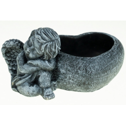 Kaspó kő szív angyallal 19x13.5x9.5cm sötét szürke