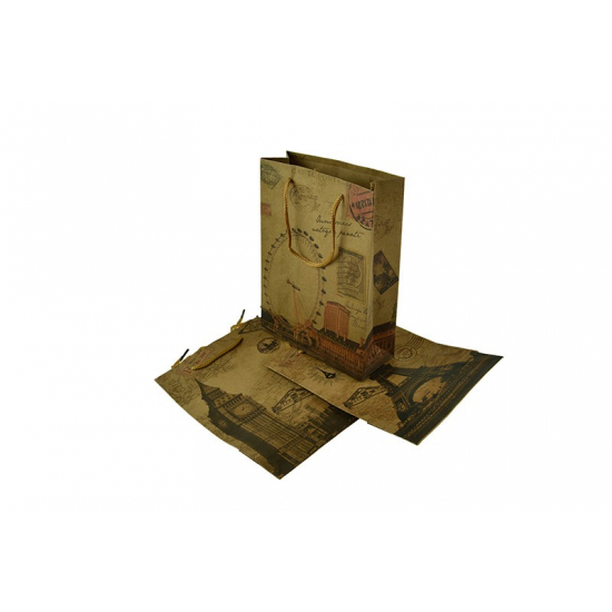 Ajándéktasak papír Paris/London 20*15*6cm több féle barna