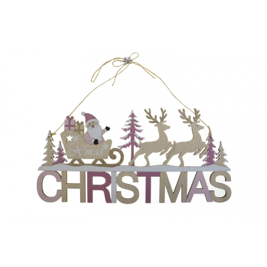 Christmas felirat fa 19*39.5CM mikulás szánnal akasztós natúr/rózsaszín