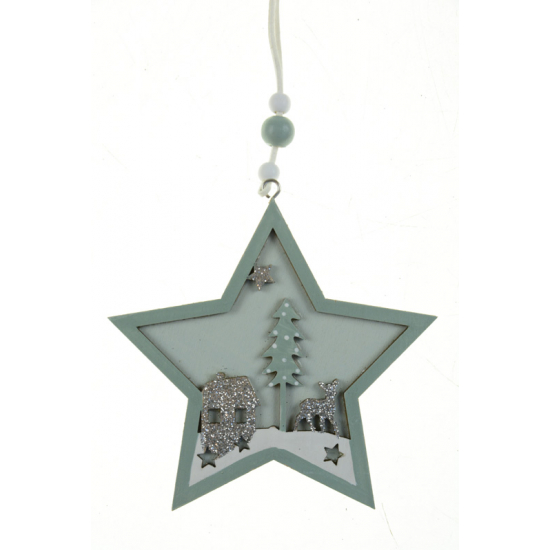 Csillag fa szarvassal 11cm akasztós menta
