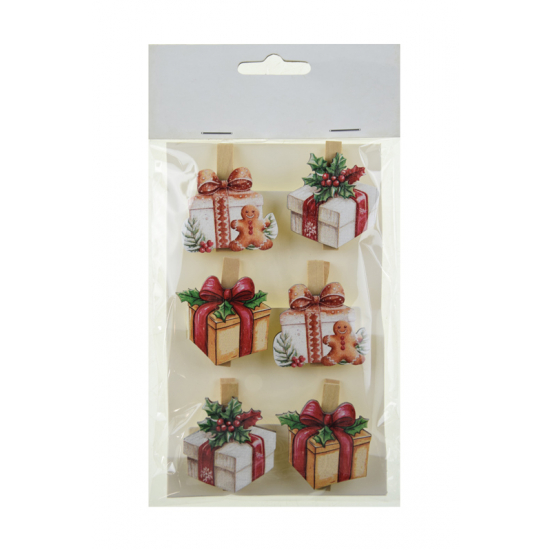 Csipesz ajándék fa 4cm s/6 fehér/piros