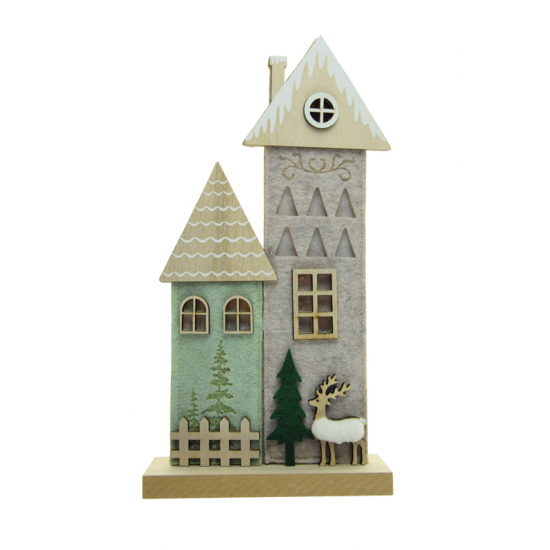 Dekor ház filc/fa 25cm zöld/bézs