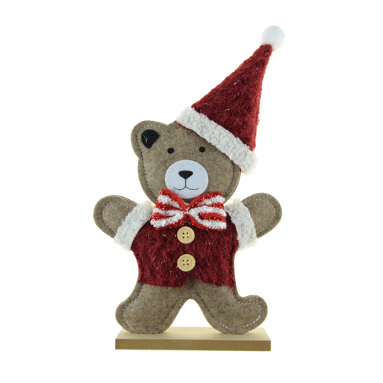 Dekor maci filc/fa 26,5cm barna/piros