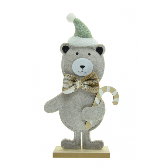 Dekor maci filc/fa 26cm barna/zöld
