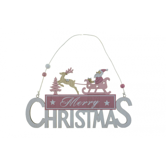 Dekoráció fa 22,5cm Merry Christmas szarvas szánnal rózsaszín