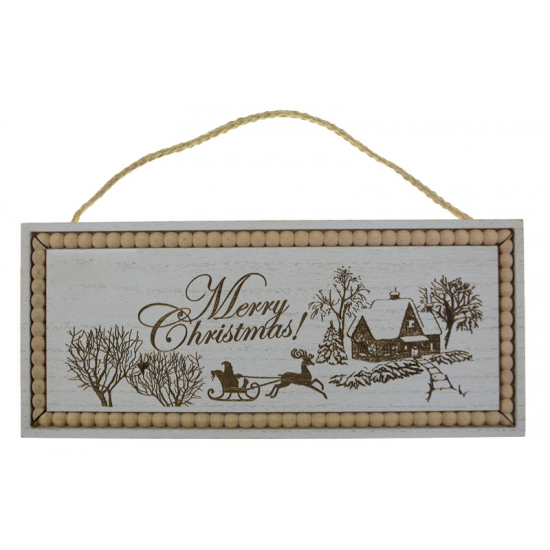 Dekoráció fa Merry Christmas szarvas hegyekkel 19*28*0.9cm akasztós natúr