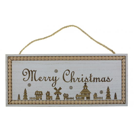Dekoráció fa Merry Christmas várossal 19*28*0.9cm akasztós natúr