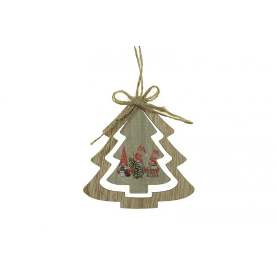 Dísz fenyőfa fa 9*9*0.5cm wooden tree hanger akasztós manókkal barna/piros