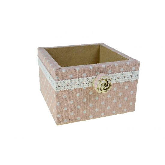 Doboz fa textil bevonatos pöttyös 11*11cm púder