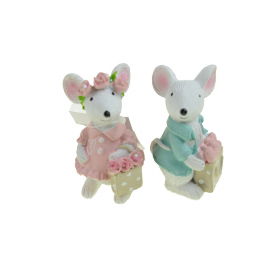 Figura egér fiú/lány poly virággal 4*4*7cm v.kék/rózsaszín