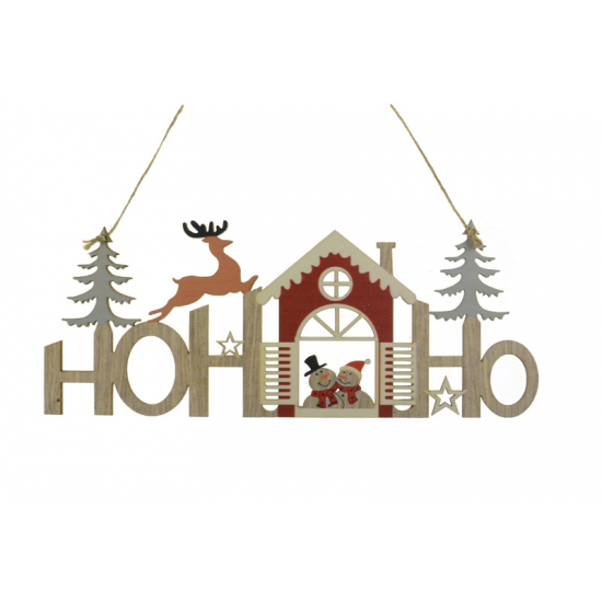 HoHoHo felirat fa házzal 23X30CM akasztós natúr/piros