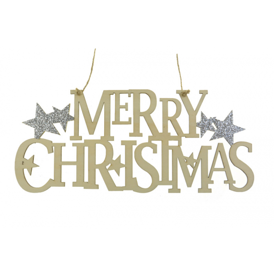 Merry Chirstmas felirat fa csillagokkal 23X30CM akasztós natúr